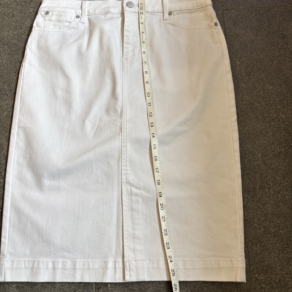 Talbots Size 10 White Denim Skirt 5 Pocket 3/4 Length Cotton Blend Front Slit - Picture 8 of 16
